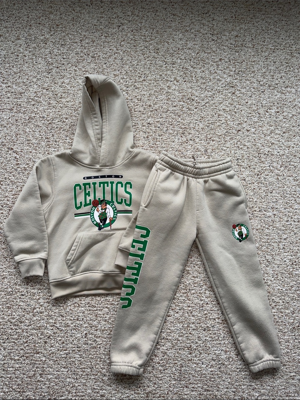 NBA Beige Celtics Hoodie & Joggers Set with Green Graphics